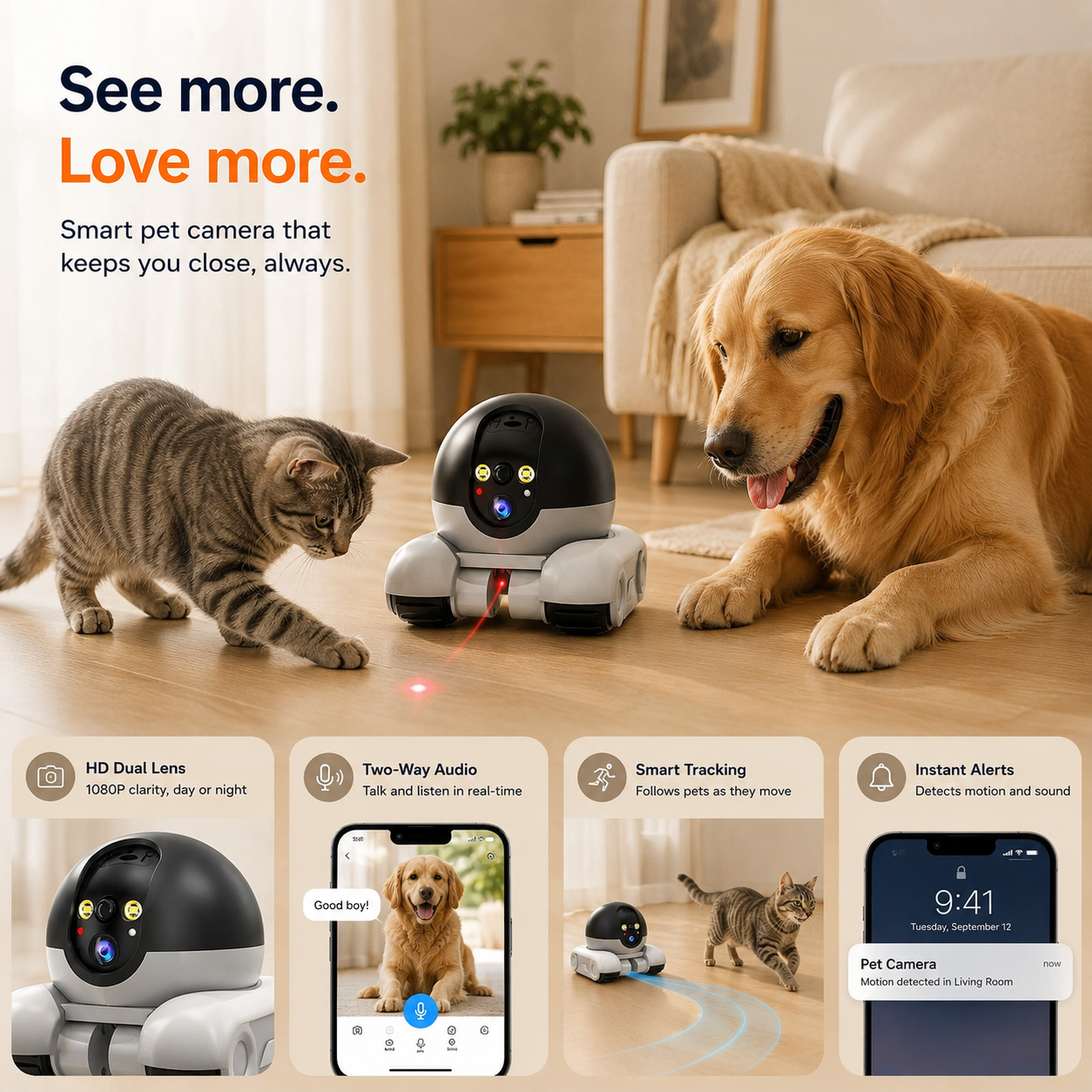WiFi Robot 1080P Pet Camera with App for Dogs & Cats. 2-Way Talk, Night Vision & Motion Detection