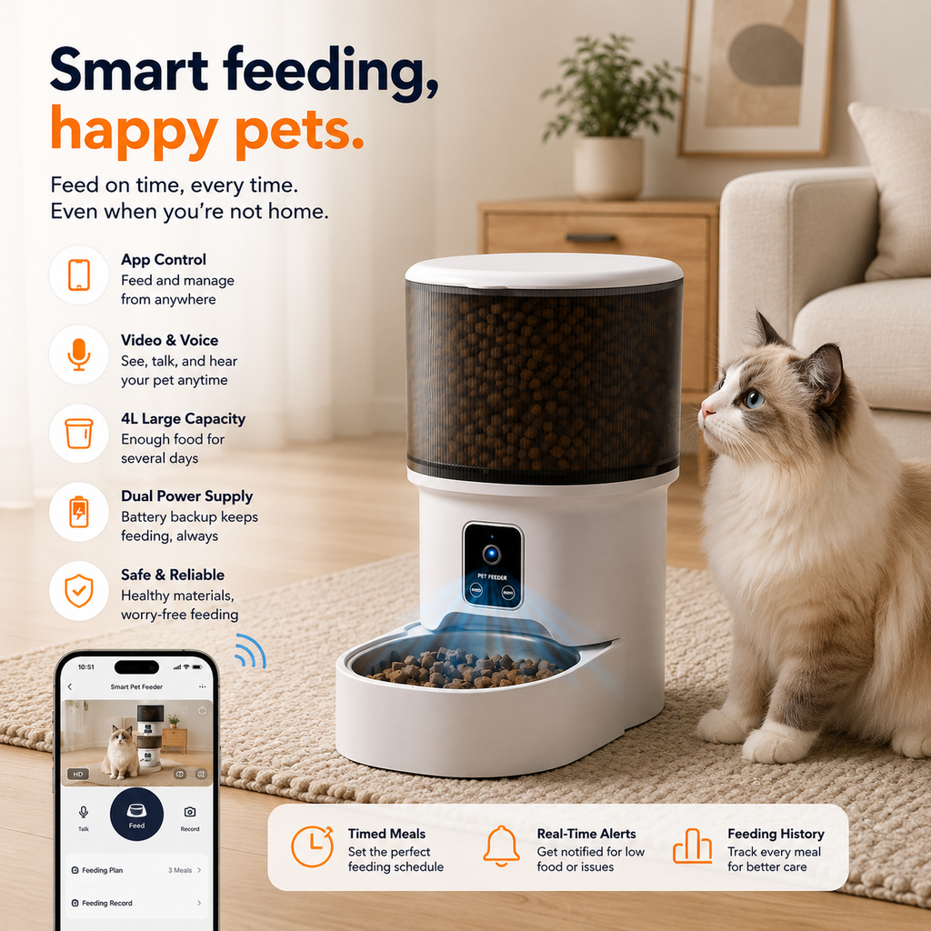 Smart Automatic Pet Feeder 4L – Wi-Fi & Button Control