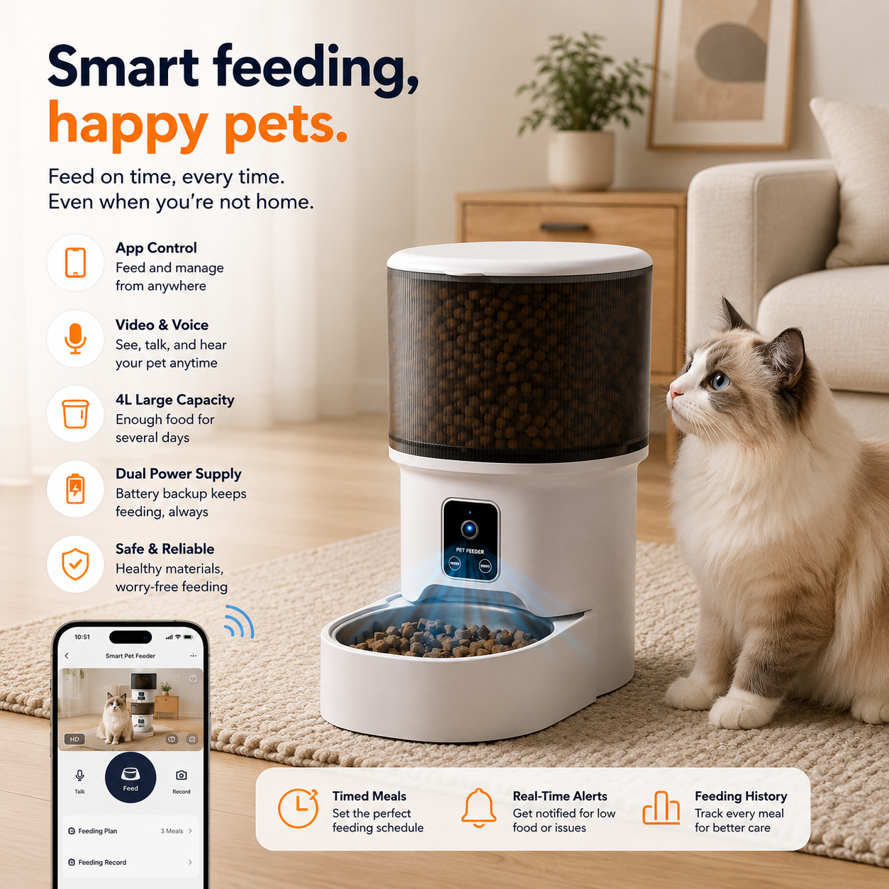 Smart Automatic Pet Feeder 4L – Wi-Fi & Button Control