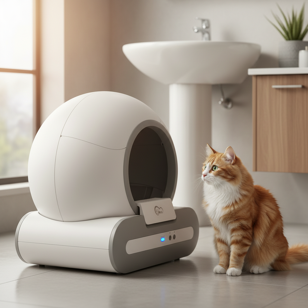Smart Self-Cleaning Cat Litter Box lifestyle photo with cat